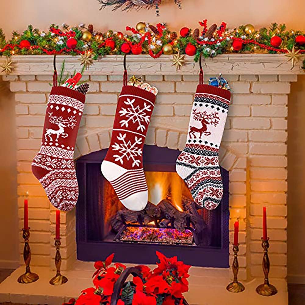 sanipoe 3 Pcs Knit Christmas Stocking, 18" Snowflake and elk Stockings, Personalized Stocking Decorations for Family Holiday Xmas Party Decorations
