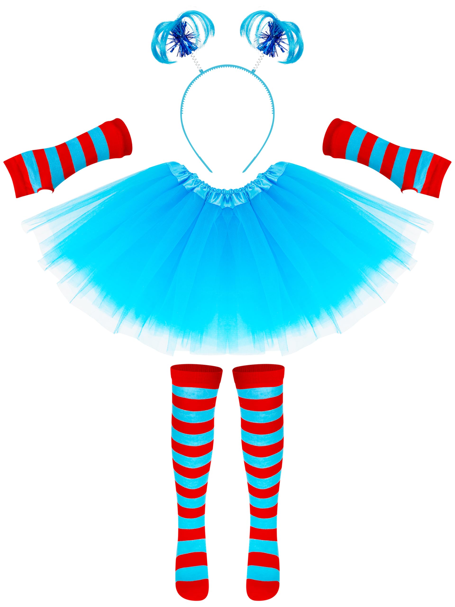 Luces Blue Tutu Cosplay Set, 4PCS Tulle Tutu Skirt Ponytail Headbands Blue Red Striped Gloves Knee Socks Costume