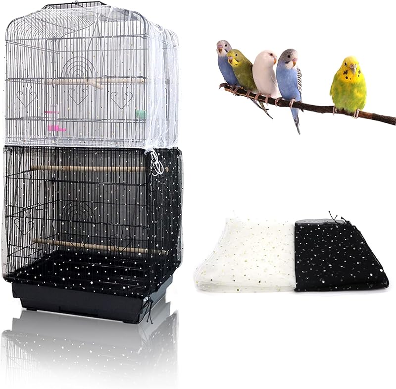 Capa para Gaiola de Aves em Tela de Nylon Ajustável com Paetês Daoeny, Branca e Preta, Pacote com 2