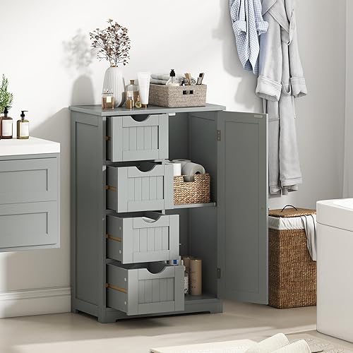 Miniatura 2 de Giantex Armario de baño, armario de almacenamiento independiente con 1 puerta y 4 cajones, estante ajustable de 3 niveles, sistema anticaído,