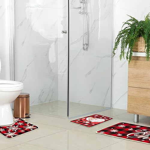 Miniatura 7 de Ceenna Juego de 5 alfombras de cocina de Navidad antideslizantes a cuadros de nieve, Papá Noel, juego de alfombras de cocina de Navidad, decoración
