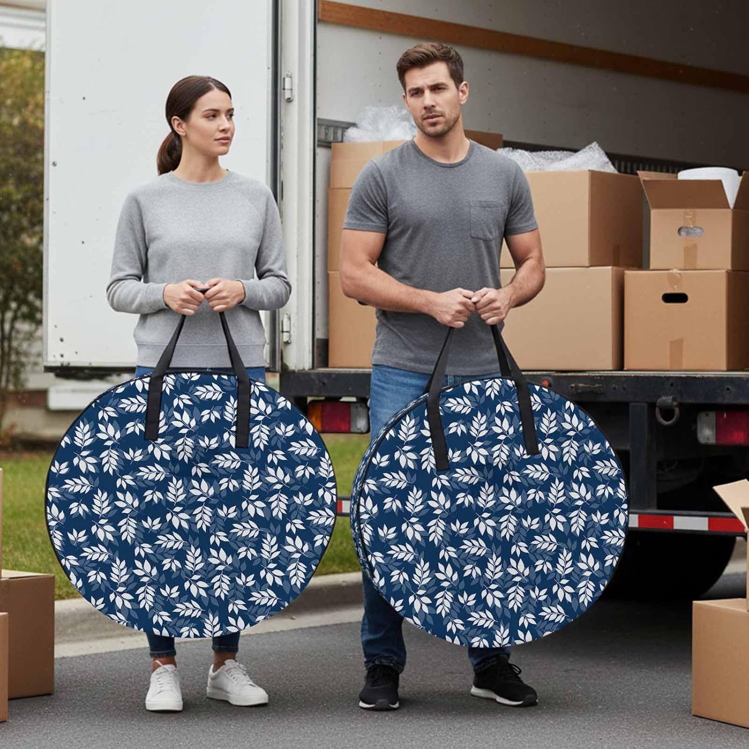 Storage Bag Blue Leaves Round Storage Totes Bins Closet Organizers with Zippers & Handle Spring Leaf Plant Clothes Storage Container for Bedroom Dorm Space Saving Packing Supplies Moving Bags