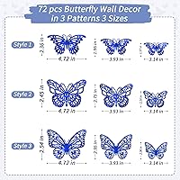 Vista 2 de 72 decoraciones de mariposa azul, decoraciones de mariposa 3D con 3 estilos 3 tamaños, calcomanías extraíbles para decoración de pared