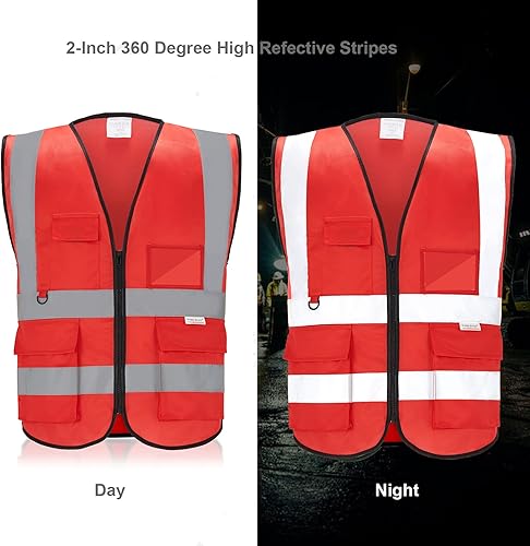 Miniatura 9 de Chaleco de seguridad reflectante con bolsillos, tira plateada de alta visibilidad para hombres y mujeres (amarillo, L)