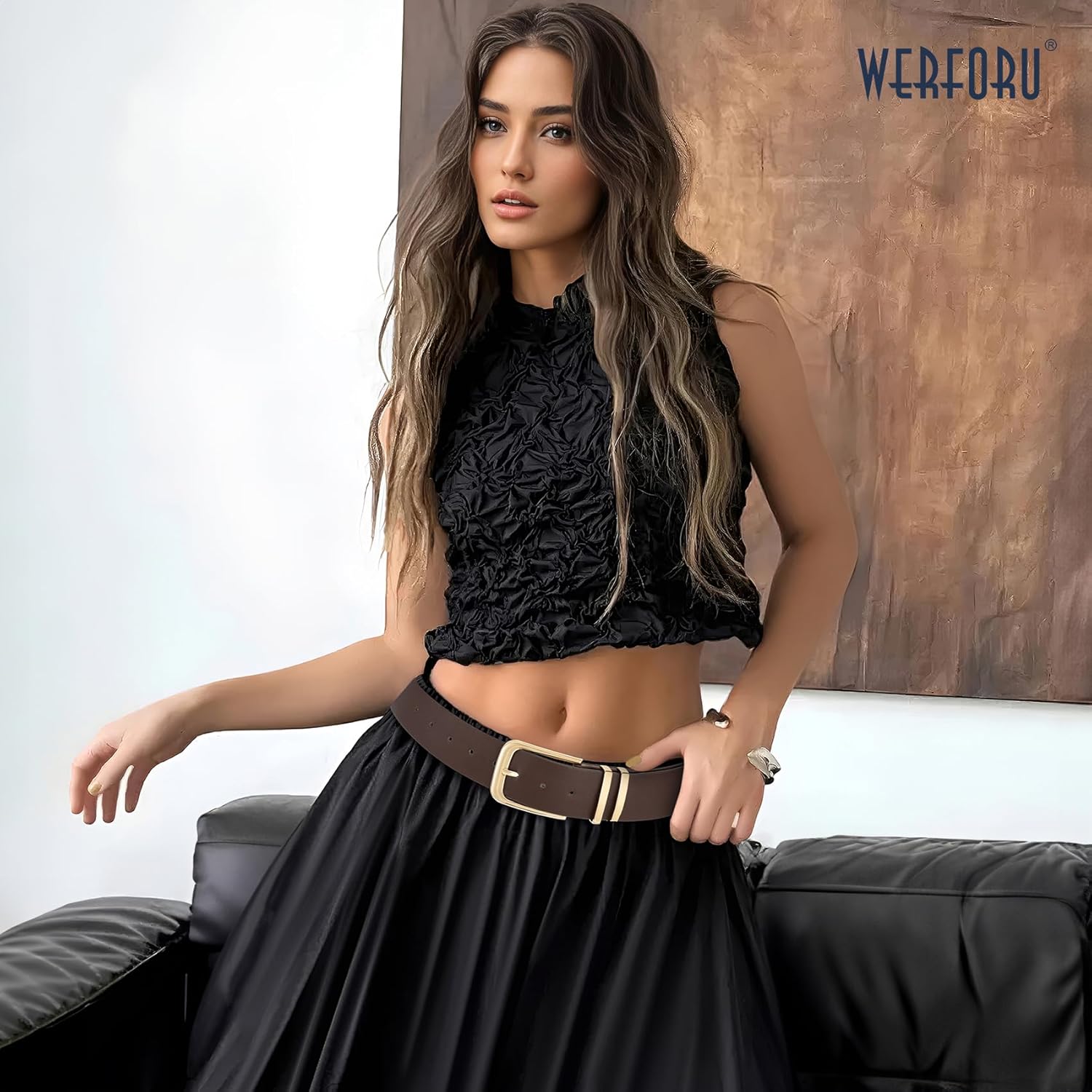WERFORU Women Wide Leather Belt Women Fashion Wide Belt for Dresses Jeans Ladies Fashion Thick Waistbelt with Gold Buckle - Image 5