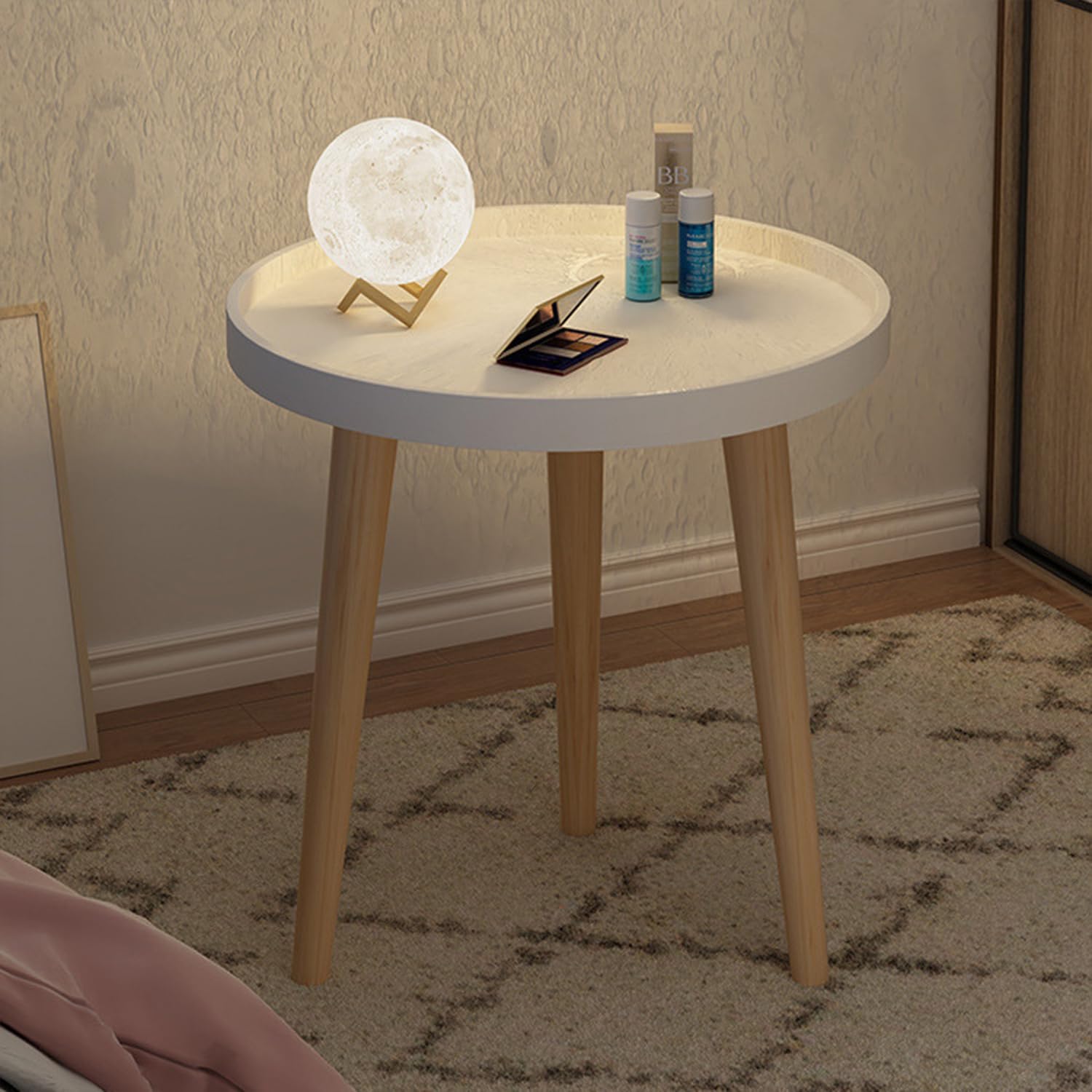 Round coffee table, living room sofa side table, small coffee table, suitable for bedroom, living room, office, balcony (White)