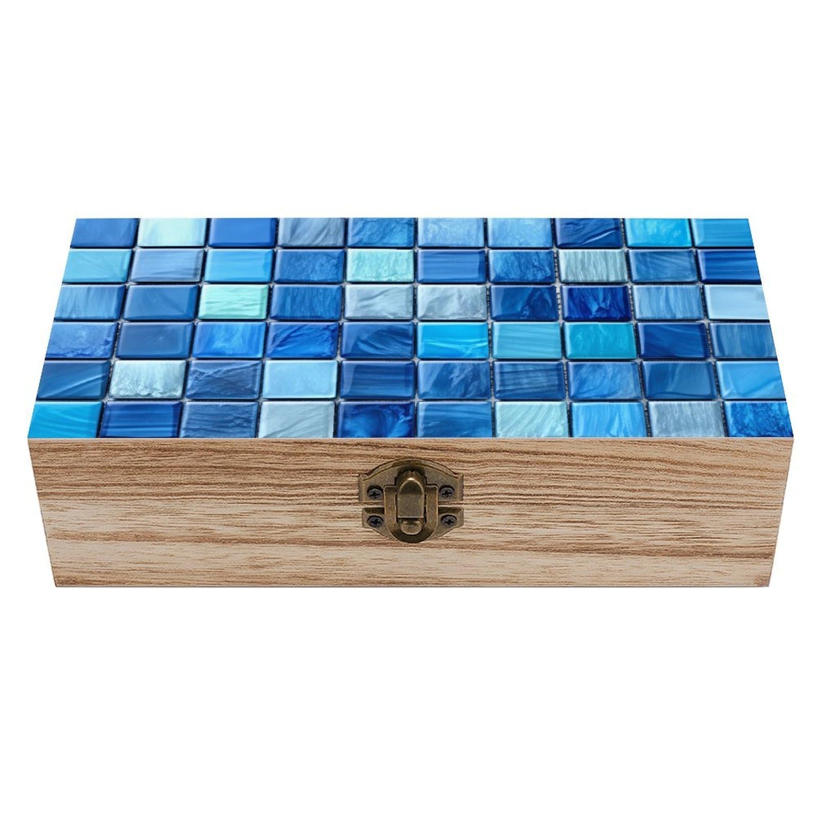 HLBSDM Blue Checkered Vintage Wooden Keepsake Box with Hinged Lid And Locking Clasp, Decorative Storage Box for Jewelry, Trinkets And Small Accessories, Organizer for Home Or Wedding