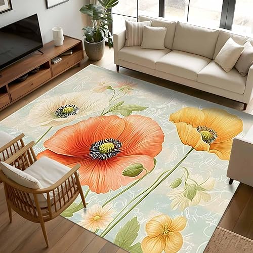 5x8 Area Rugs, Retro Spring Floral Non-Skid Rubber Backing Large Rectangle Rugs - Living Room Bedroom Home Office, Watercolor Summer Flower Pastoral