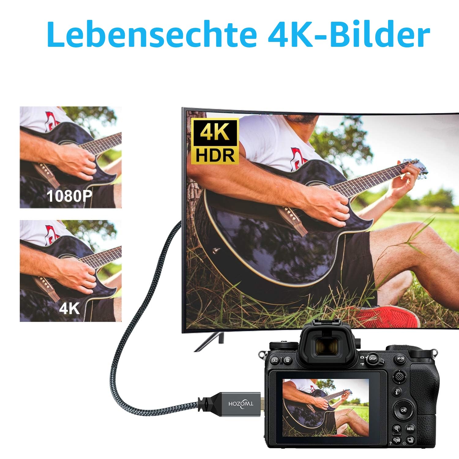 Twozoh Micro HDMI auf HDMI Kabel 5M, High-Speed HDMI auf Micro HDMI geflochtene Schnur Unterstützung 3D 4K/60Hz 1080p