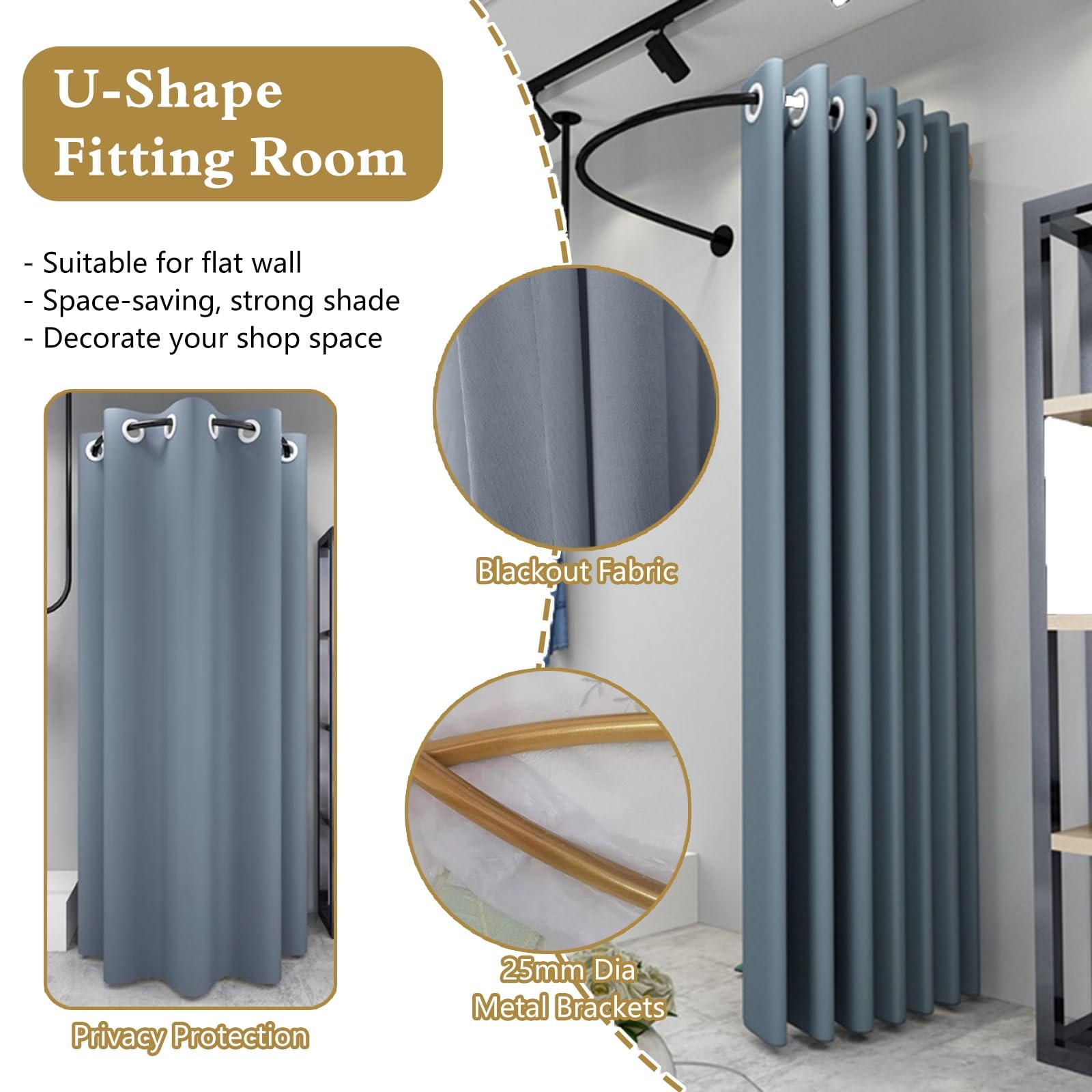 RENLXFI 80 90 100 CM Changing Room Curtain Rail, Commercial Boutique Office Clothing Store Fitting Room with Curtain for Privacy Protection, U-Dressing Room Wall Partition(Gold Rod,90 cm(35.4 in))