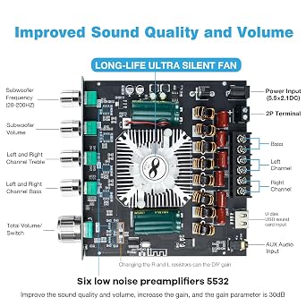 ZK-AS21 TPA3255 Bluetooth 5.1 Power Amplifier Board HiFi 2.1 Channel 220Wx2+350W Digital Audio Receiver AMP Board with Treble and Bass Control for DIY Speakers
