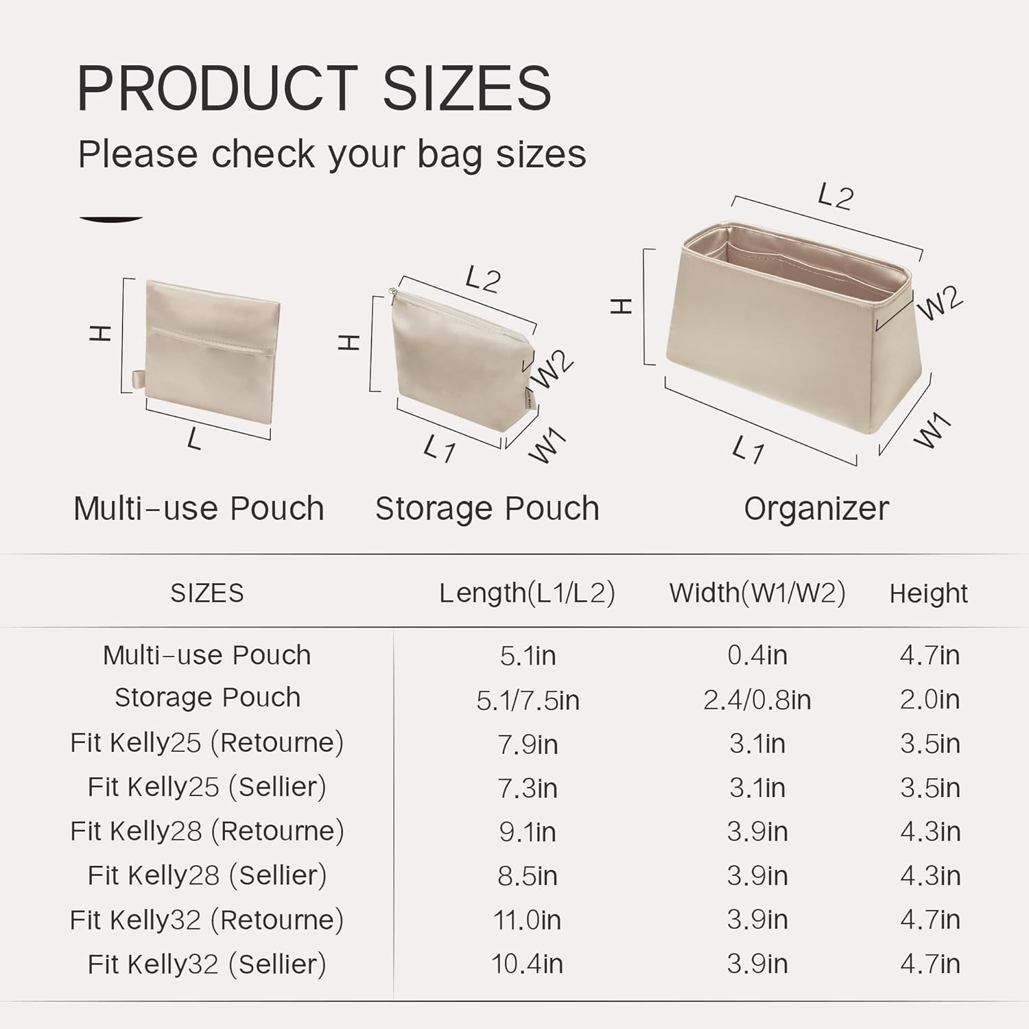 Purse Organizer Insert Silk fabric for Women Handbags&Totebag,Bag Organizer with Zipper Compatible with Kelly (Kelly25 with Zipper,Champagne)