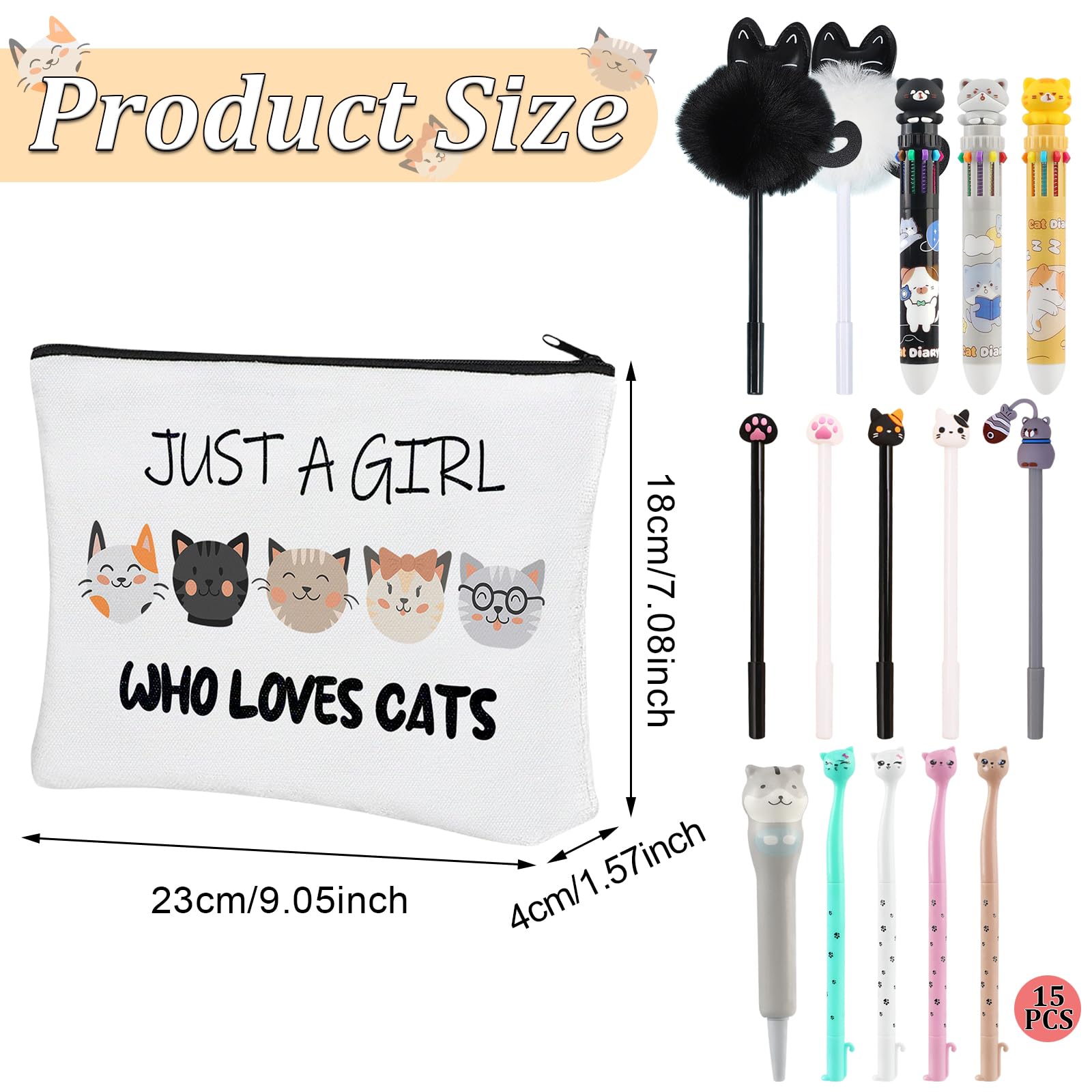 ULELE 16 Pcs Cute Cat Stationery Set Cute Cat Themed Gifts Cat Pen Bag Kawaii Cat Gel Pens Sticky Notes for Kids Cat Lovers Stationery School Office Supplies(Classic Style) - Image 3