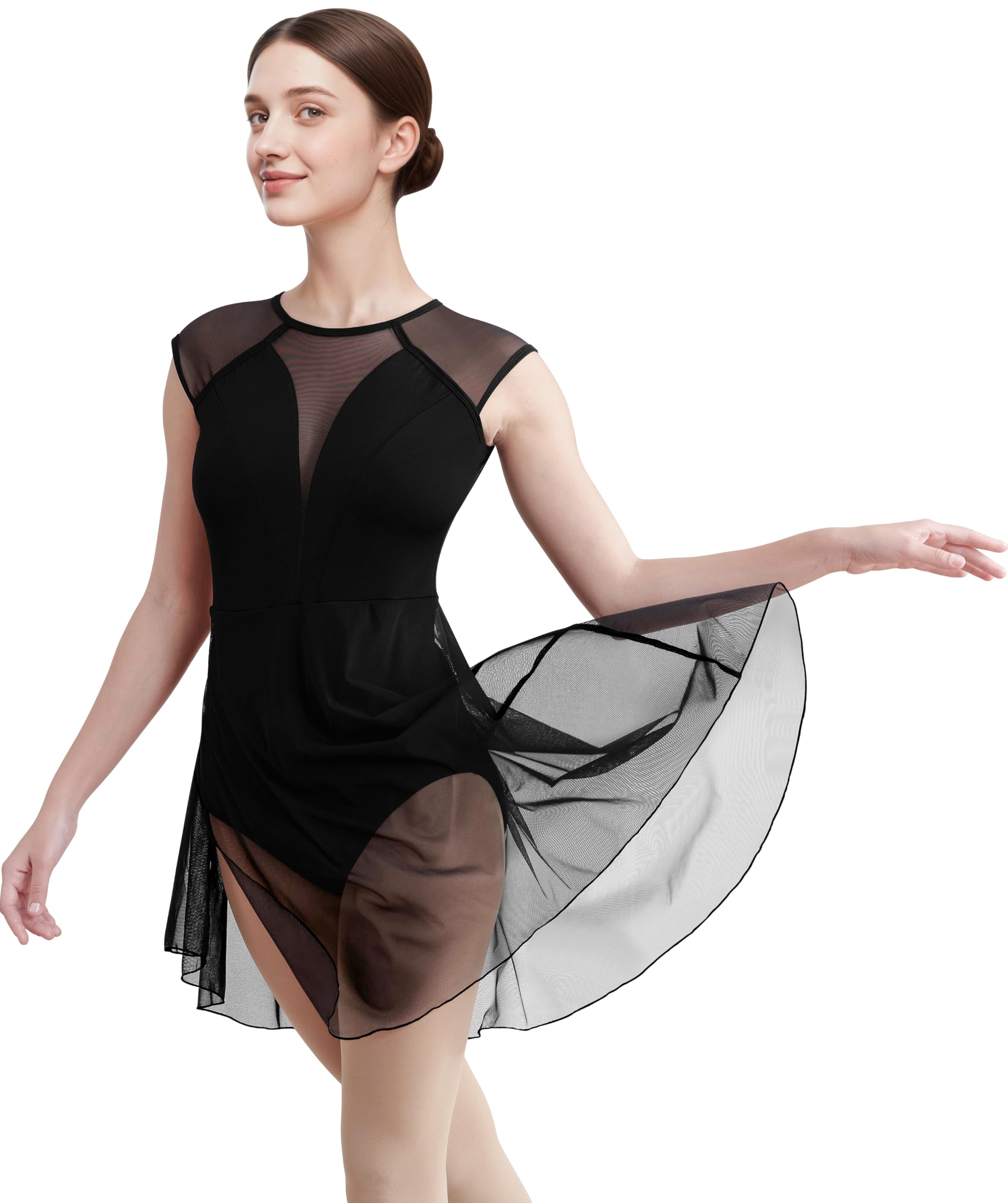 DANSHOW Frauen lyrische Moderne Tanzkleid asymmetrischer Mesh Rock, Tiefe V Hohlrücken Kostüm