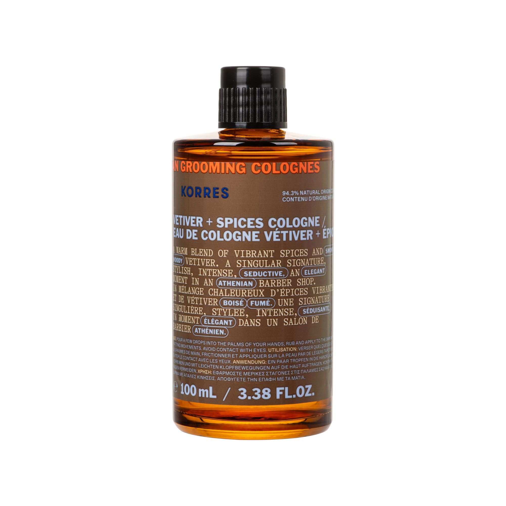 KORRES ATHENIAN GROOMING Eau de colonia con vetiver y notas picantes, fragancia cálida y amaderada para hombres, sin silicona ni parabenos, vegano, 100ml