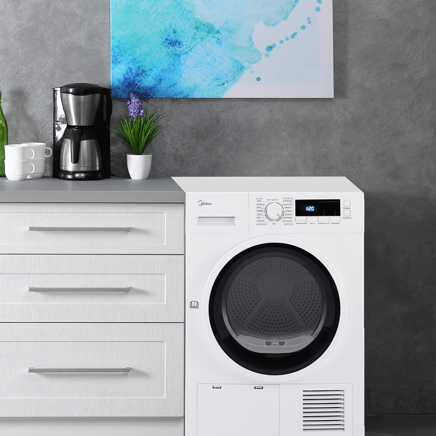 Midea Kondenstrockner T 3.8B / 8kg / B/Auto Dry/Knitterschutz/Reversierende Trommel/Startzeitvorwahl / 16 Programme, weiß