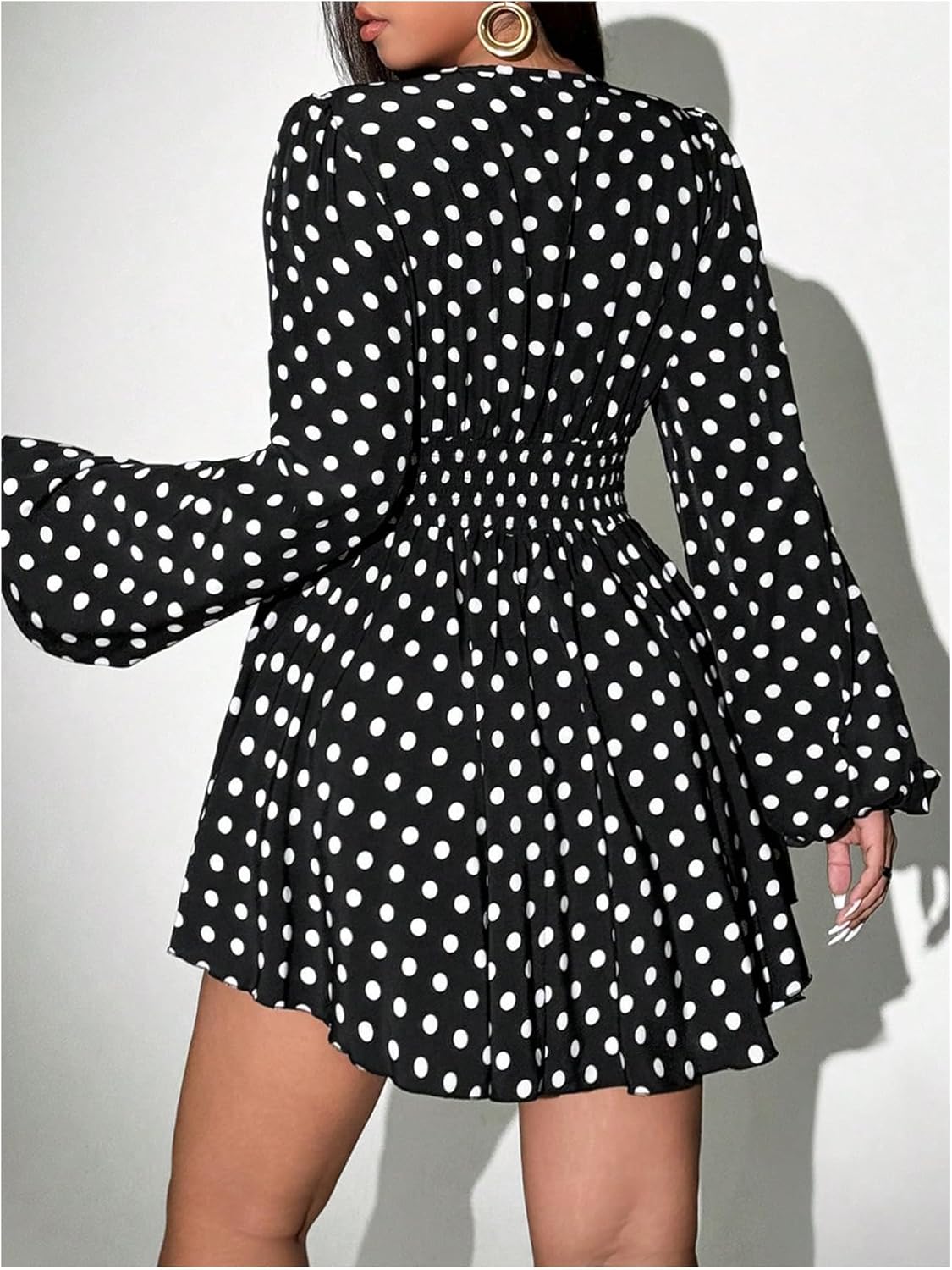 Women's Plus Size Polka Dots Mini Dress Deep V Neck Long Sleeve A Line Fall Dresses - Image 2