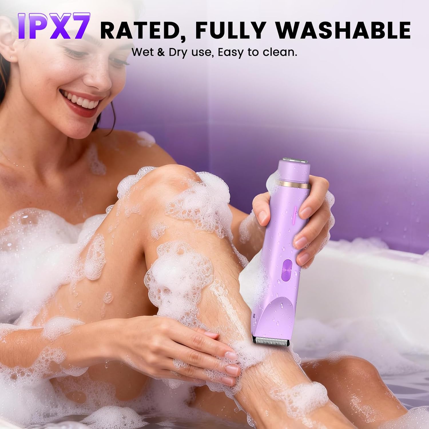 Bikini Trimmer for Women, 2-in-1 Electric Razor with Dual Head, IPX7 Waterproof Body Hair Trimmer for Pubic Hair, Legs, Underarms and Sensitive Areas, Cordless Rechargeable (Purple)