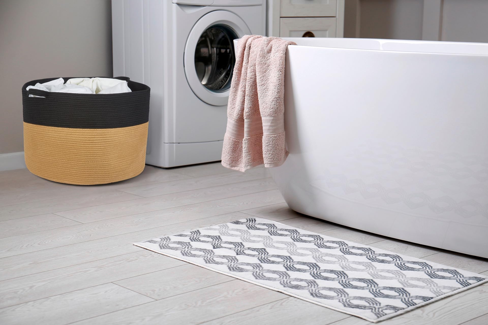 Skandinavischer Wäschekorb Narvic Motiv 3 aus Baumwolle in Braun 61 cm