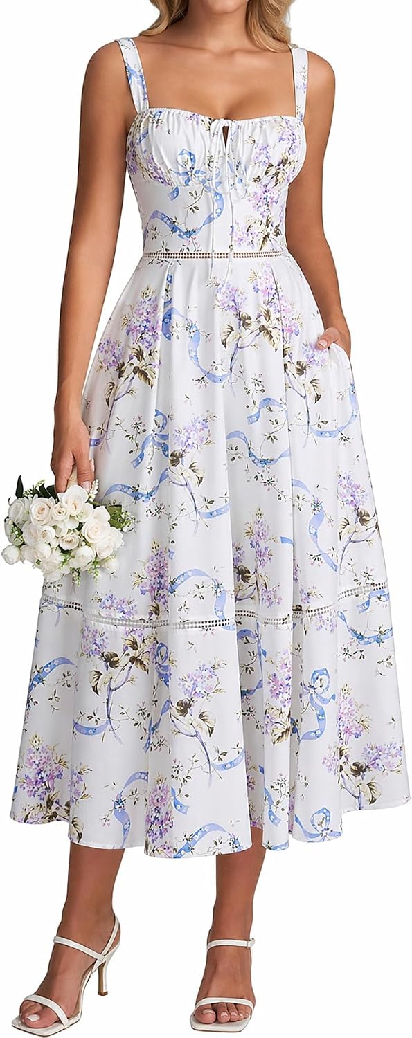 Colysmo Floral Corset Midi Summer Engagement Photoshoot Dress with Pockets | Casual Flowy Sundress, Adjustable Lace Up, Wedding Guest, Milkmaid, Tea Party