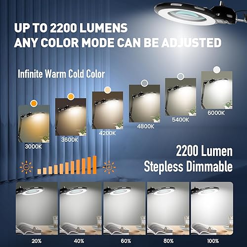 Miniatura 2 de KIRKAS - Lupa 10X con luz y soporte, 2 en 1, cualquier modo de color y lámpara de aumento de atenuación continua con abrazadera, lente de cristal