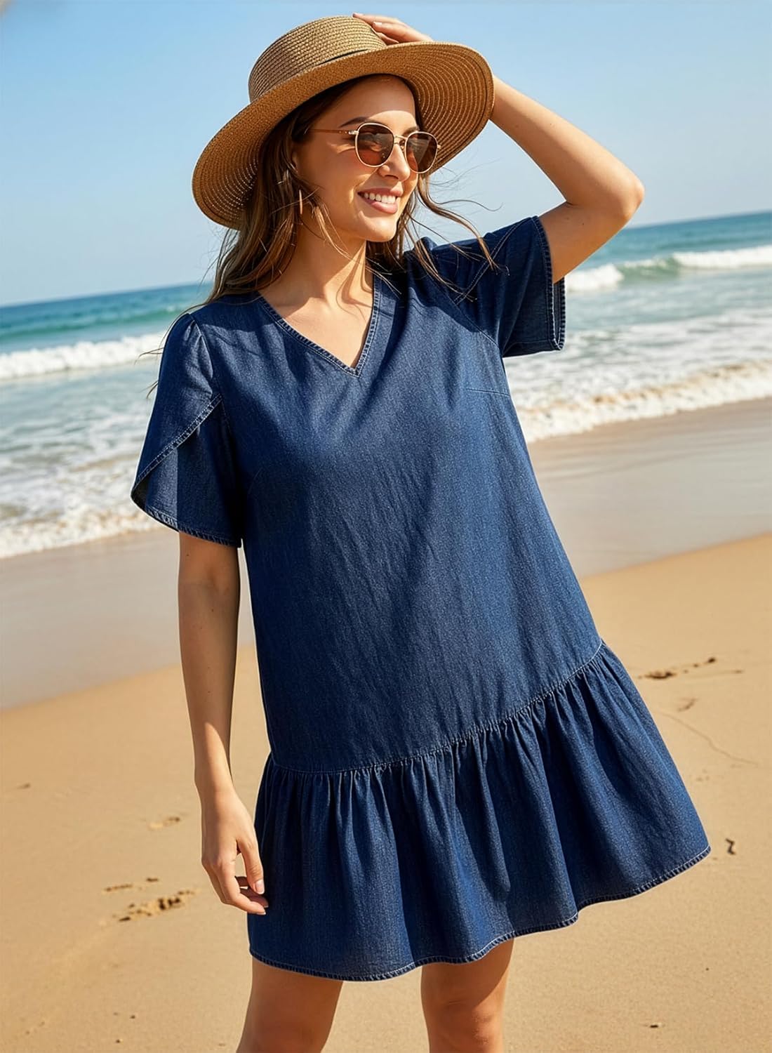 Dokotoo Denim Dress for Women Spring Summer Short Sleeve V Neck Ruffle Hem Casual Lightweight Swing Babydoll Mini Dresses - Image 5