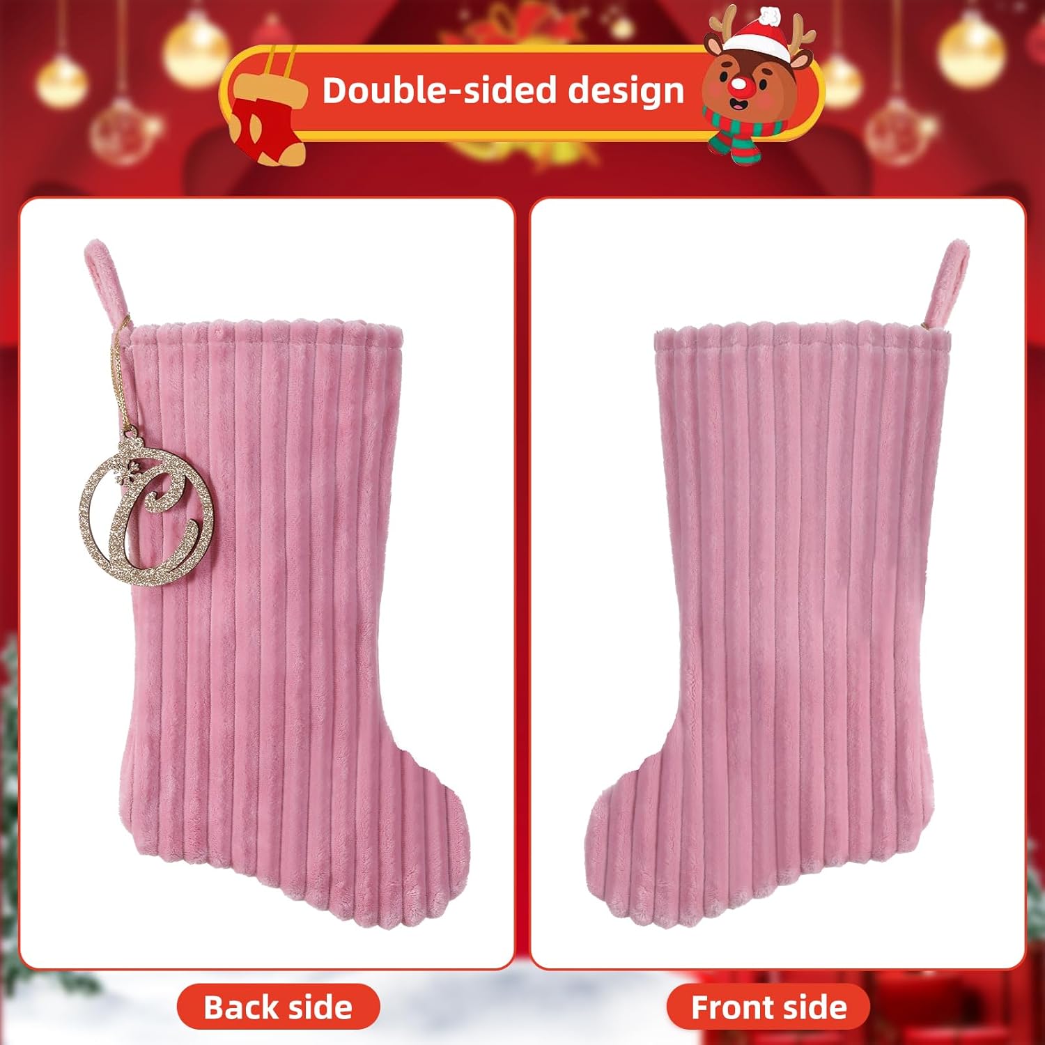 19.5 Inch Embossed Stripe Christmas Stocking,Personalized Xmas Stocking with Gold Wooden Initial Monogram,Fireplace Christmas Party Decoration and Xmas Gift(Pink,Letter A) - Image 3