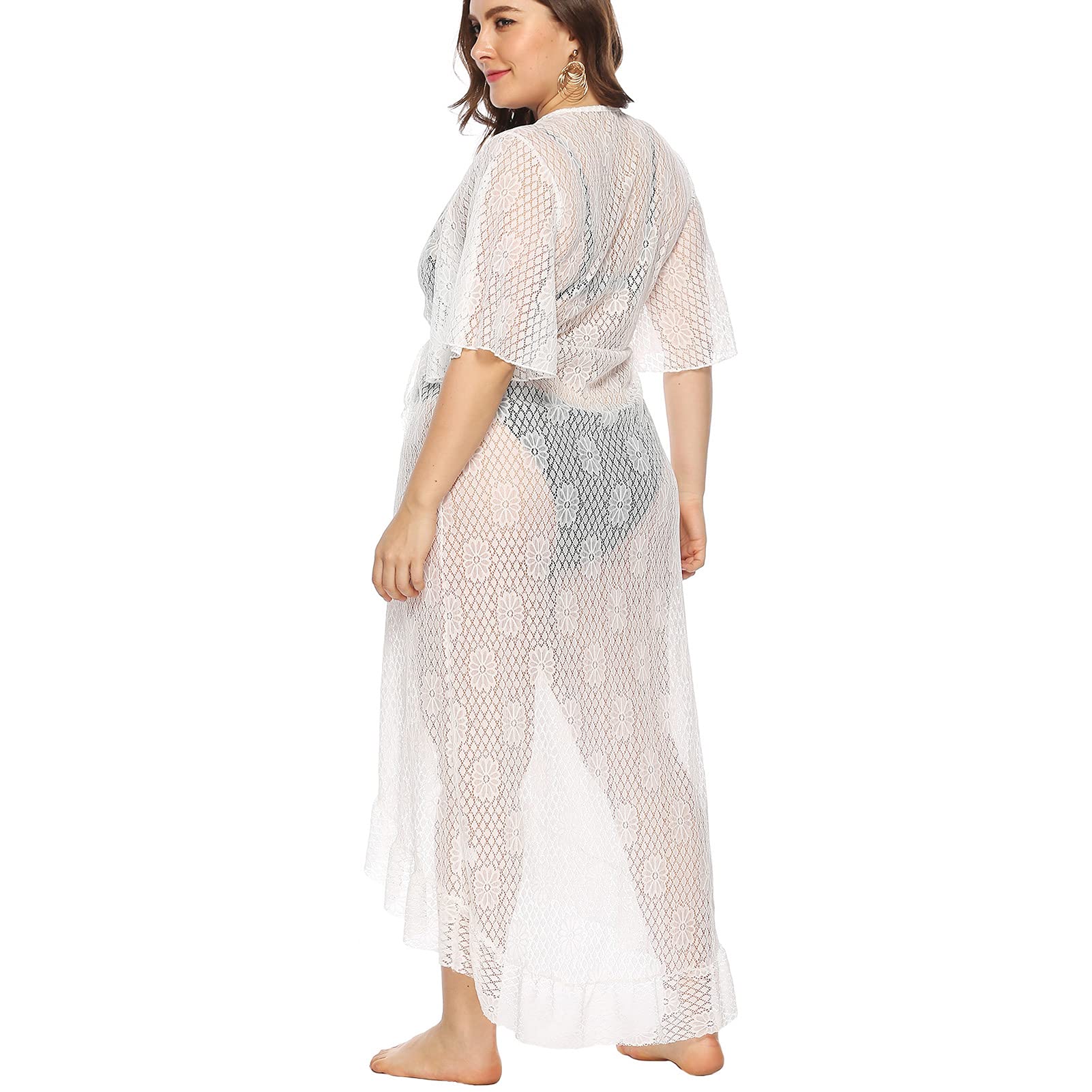 Sexy Kimonos Vestido para Las Mujeres, Playa Protector Solar Largo Kimono Cordillo Crochet Perspectiva Floral Cubierta Ups Ropa De Playa White-2XL