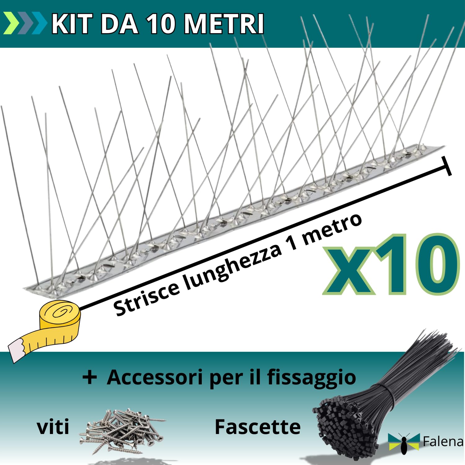 Falena® Dissuasori per Piccioni Scaccia Volatili Roditori da Esterno in Acciaio Inox con 80 Spuntoni già montati Varie Misure (10MT)