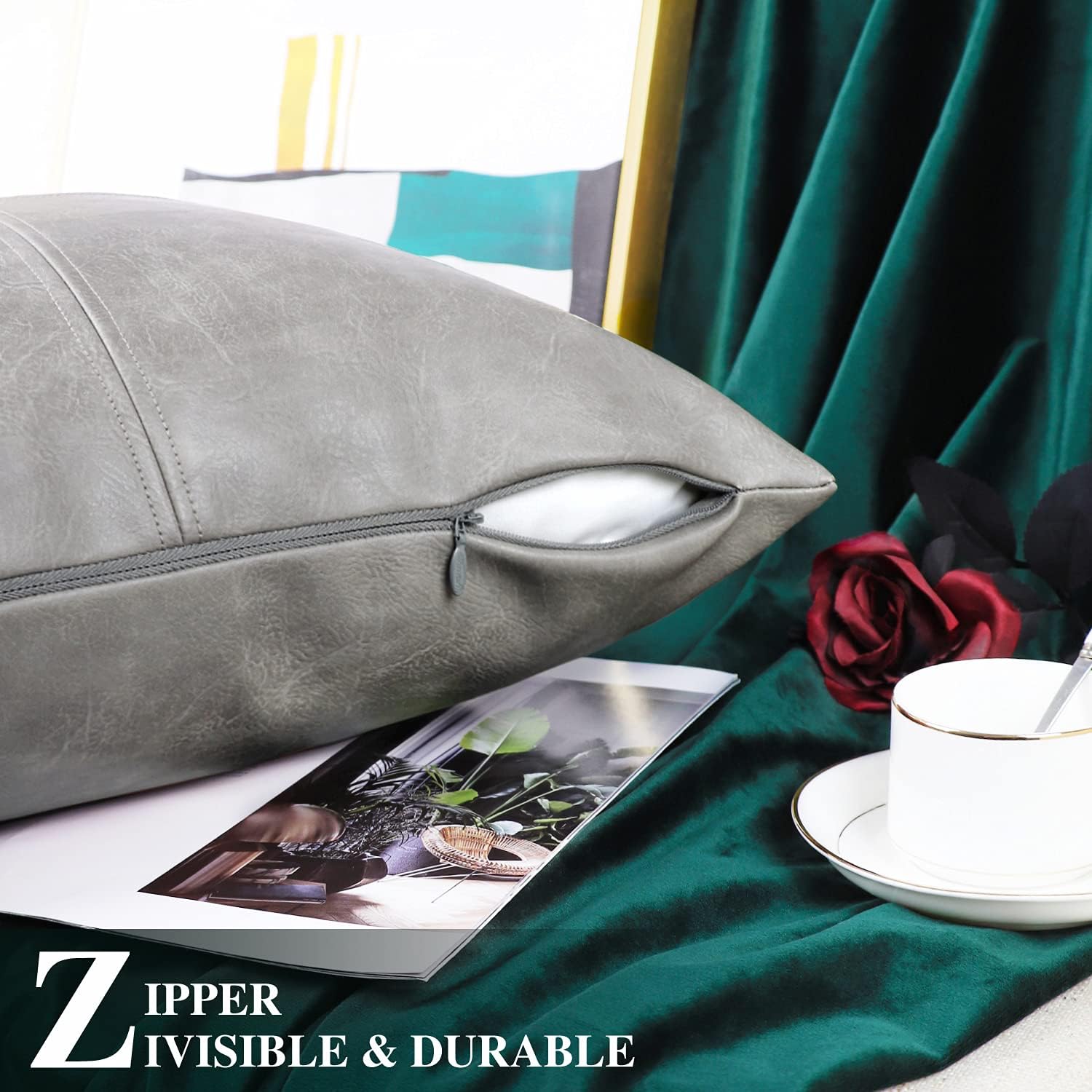 BRAWARM Faux Leather Throw Pillow Covers 20 X 20 Inches, Gray Leather Pillow Cover, Hand Stitched Leather Decorative Pillow Cover for Couch Sofa Bed Living Room Home Garden