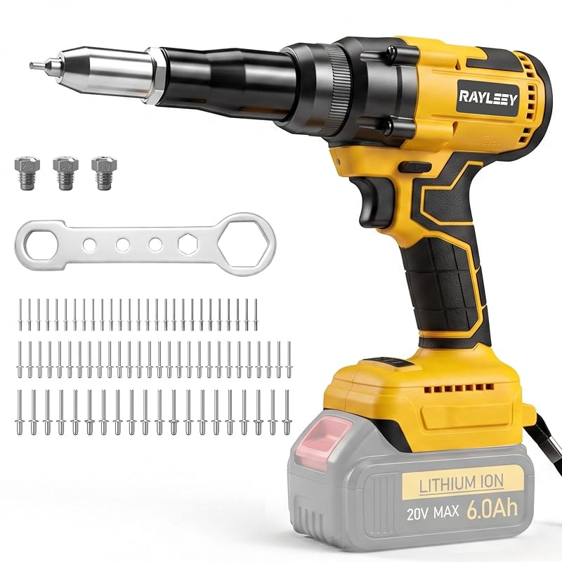 Rebitador elétrico sem fio RAYLEEY com motor brushless, compatível com bateria DEWALT 20V, kit com 3 bicos e 45 rebites