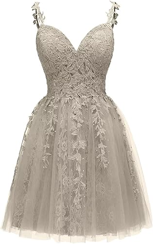 Vestidos cortos de tul con apliques de encaje para mujer, cuello en V, vestidos cortos de cóctel para adolescentes