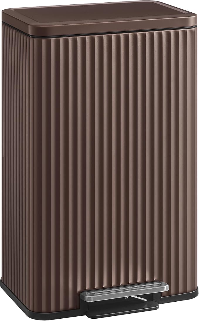 SONGMICS Trash Can, 13 Gallon (50 L) Garbage Can for Kitchen, with Lid, Pedal, and Removable Inner Bucket, Soft Close, Stainless Steel, 15 Trash Bags (Code K) Included, Brown ULTB586MZ01