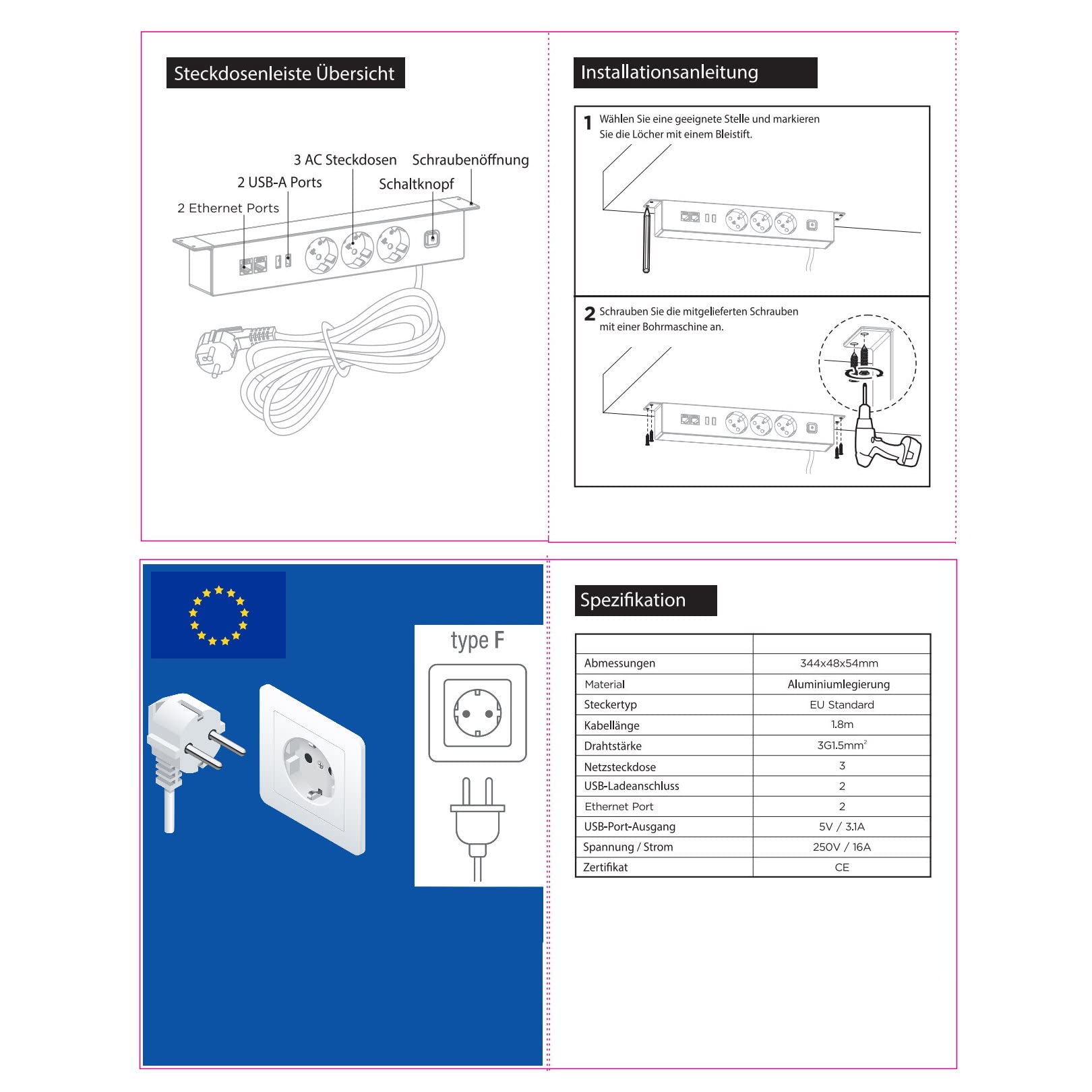 Aluminium Office Steckdosenleiste 3-Fach, USB-A, Internet CAT6 LAN