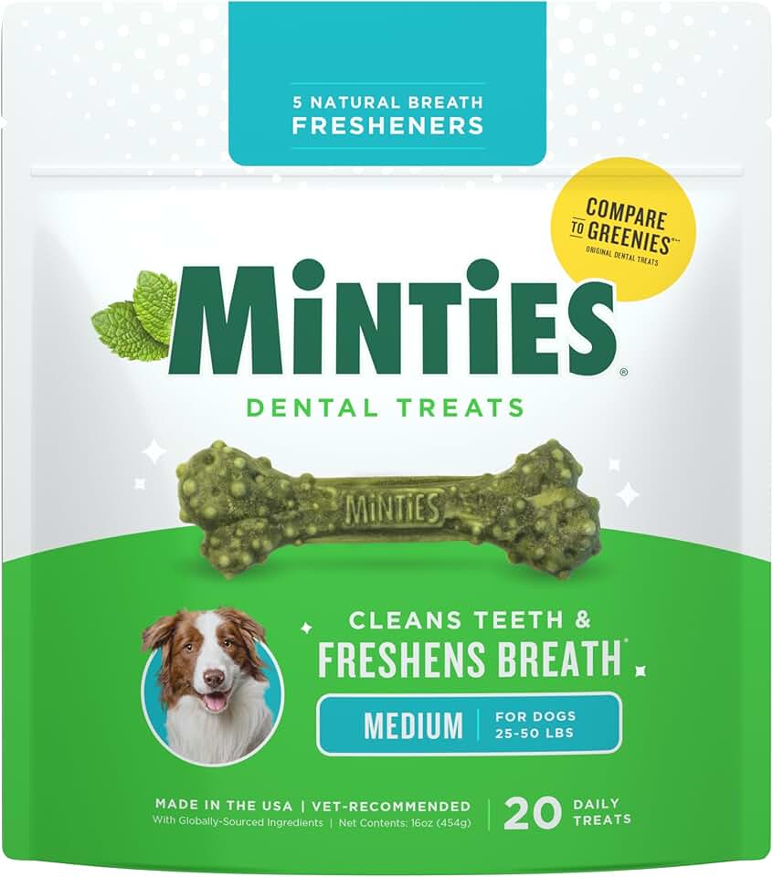 Minties 狗狗牙齒咀嚼片，20 片，獸醫推薦的薄荷味狗狗牙齒咀嚼片，適合中等尺寸 25-50 磅，骨頭清潔牙齒，消除口臭，去除牙菌斑和牙垢