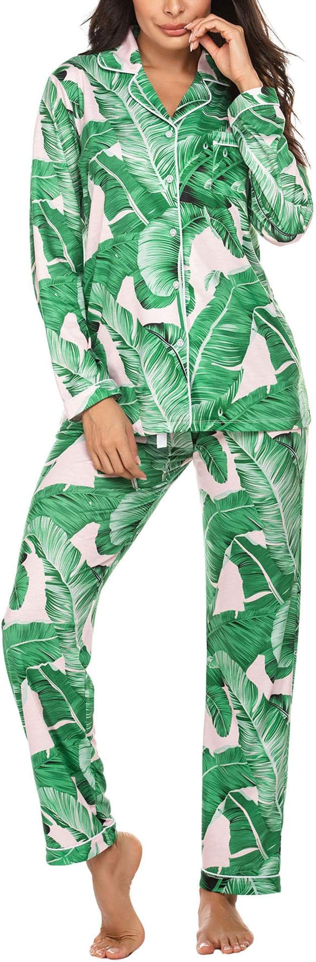 EkouaerPajamas Women's Long Sleeve Sleepwear Soft Button Down Loungewear Pjs Lounge Set Nightwear XS-XXL