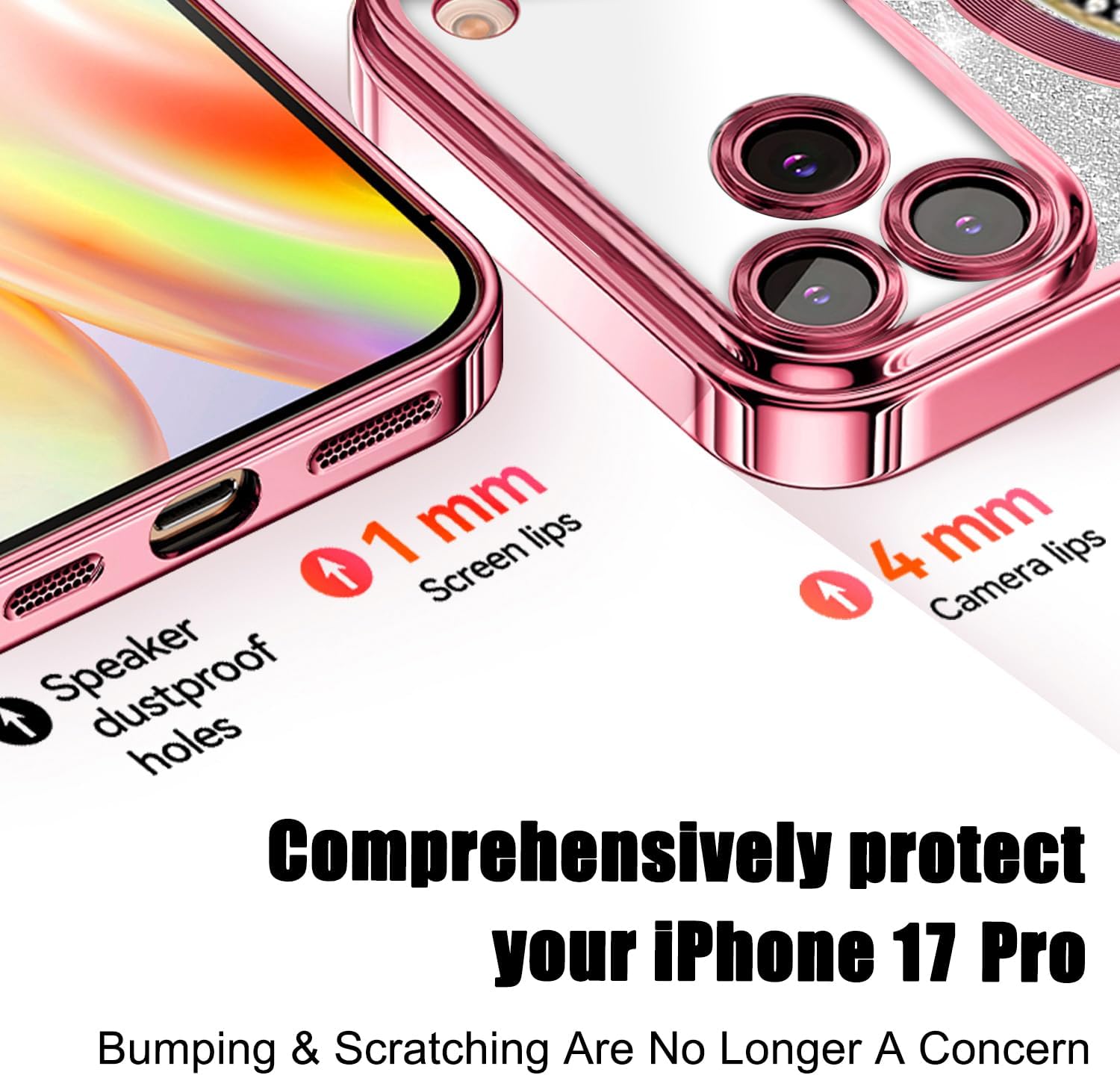 Misscase for iPhone 17 Pro Magnetic Glitter Case Compatible with MagSafe,Full Protection Slim Shockproof Anti-Scratch Case with Camera Lens Protector Plating Bling Dust-Proof Net Pink - Image 6