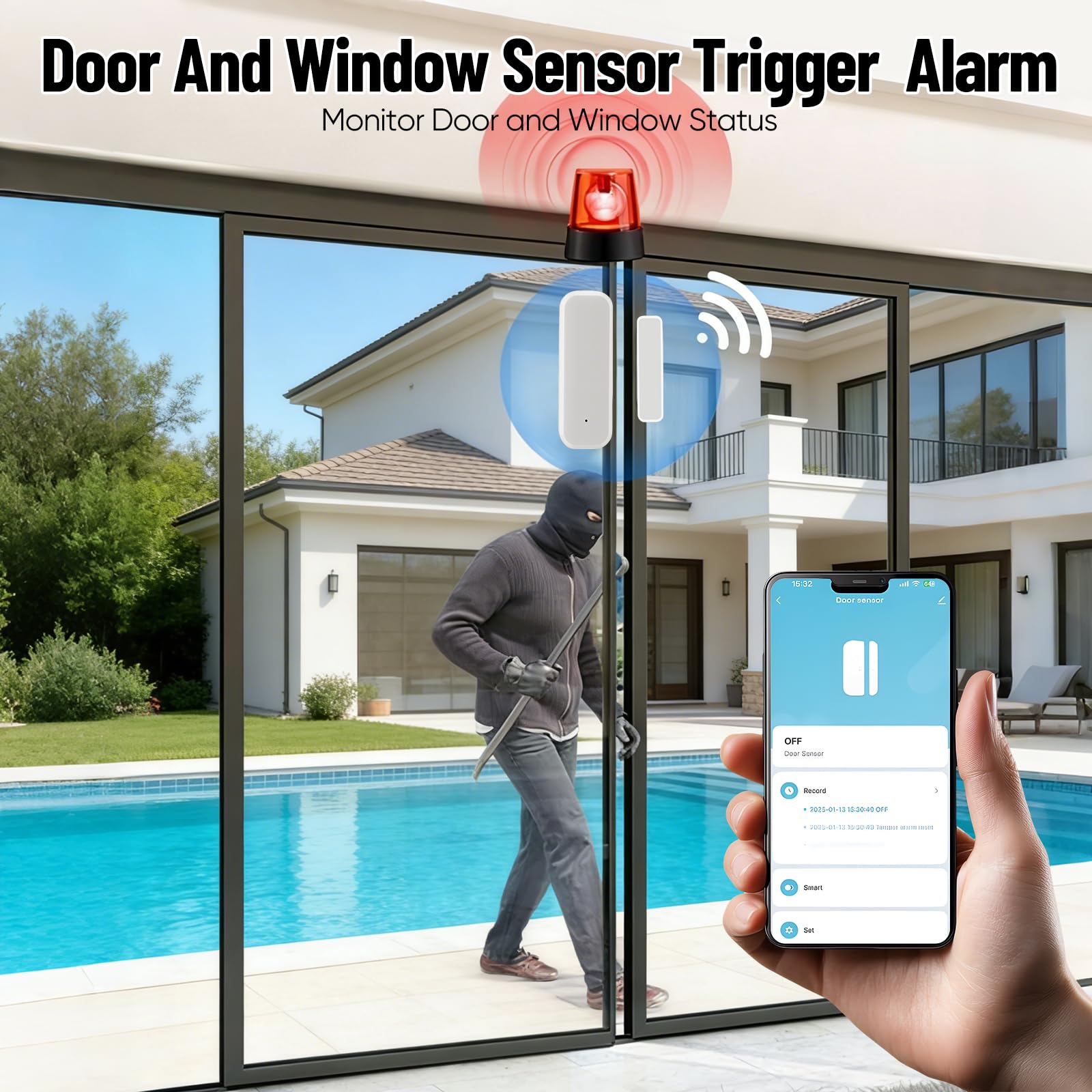 Sensor de puerta y ventana WiFi (paquete de 4) – Smart Home magnético con notificación de aplicación, compatible con Alexa/Google Assistant para mayor seguridad en casa, apartamento y garaje