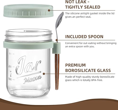 Vista 38 de LANDNEOO Paquete de 4 recipientes de avena con tapas y cucharas, tarros de vidrio de 16 onzas con tapas herméticas, tarros de avena para la noche