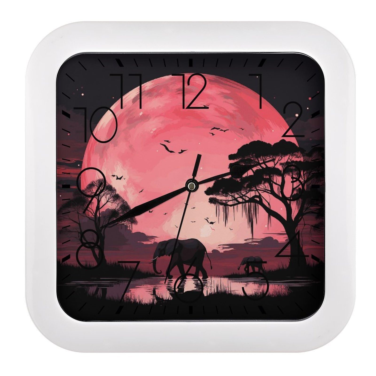 JTREHY Pink Moon Elephant Wall Clock The Sound is Soft Square Timepiece Fashion Precise Easy to Read Numbers | Perfect Living Room Kitchen Or Office Clocks