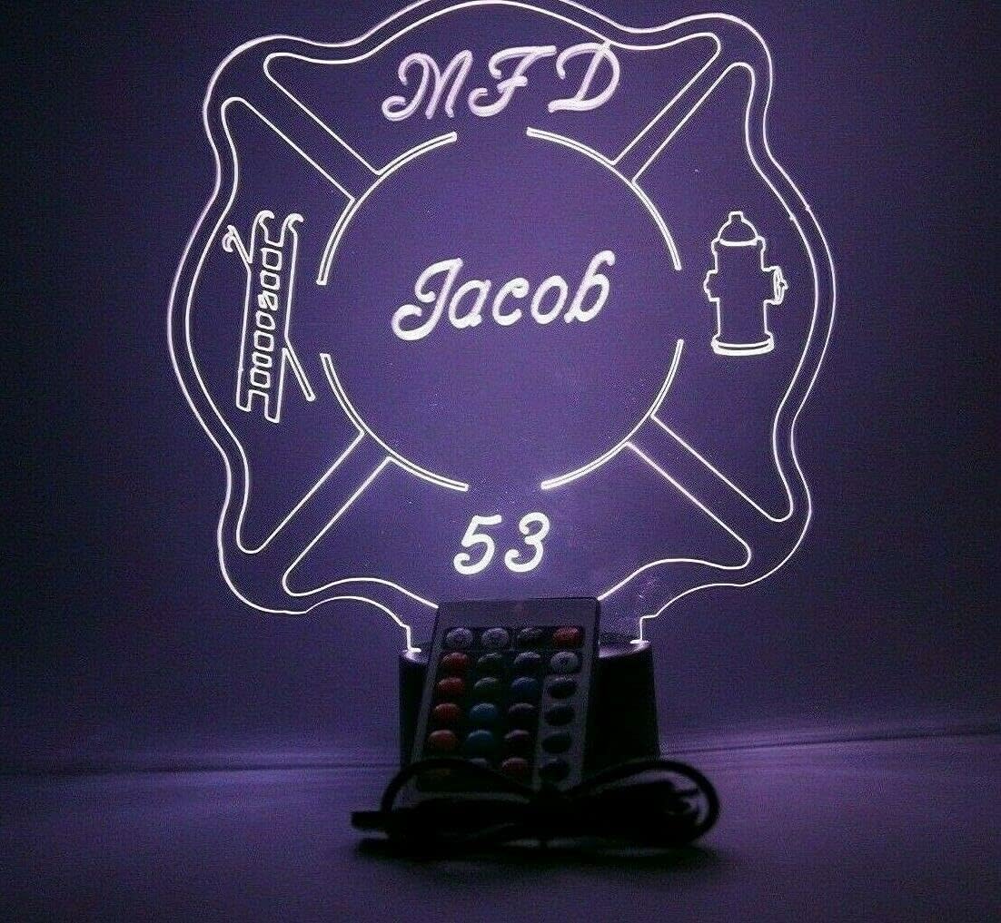 MIRROR MANIA Fire Badge Light Up Lamp Light Lamp LED, Personalized Name Firefighter Engraved Table Lamp - It's Wow, Comes with Remote, 16 Color Options, Dimmer, Free Engraving, Great Gift