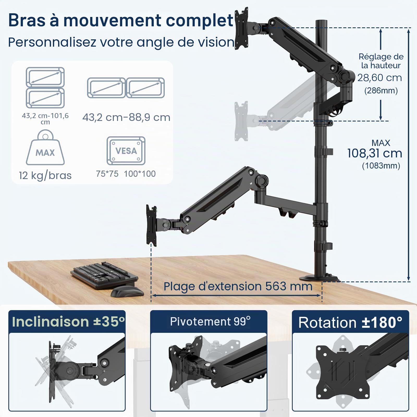 Support pour écran de 17 à 40 pouces, supporte 12 kg par écran avec réglage de la hauteur, de l'inclinaison et du pivot, VESA 75/100 mm