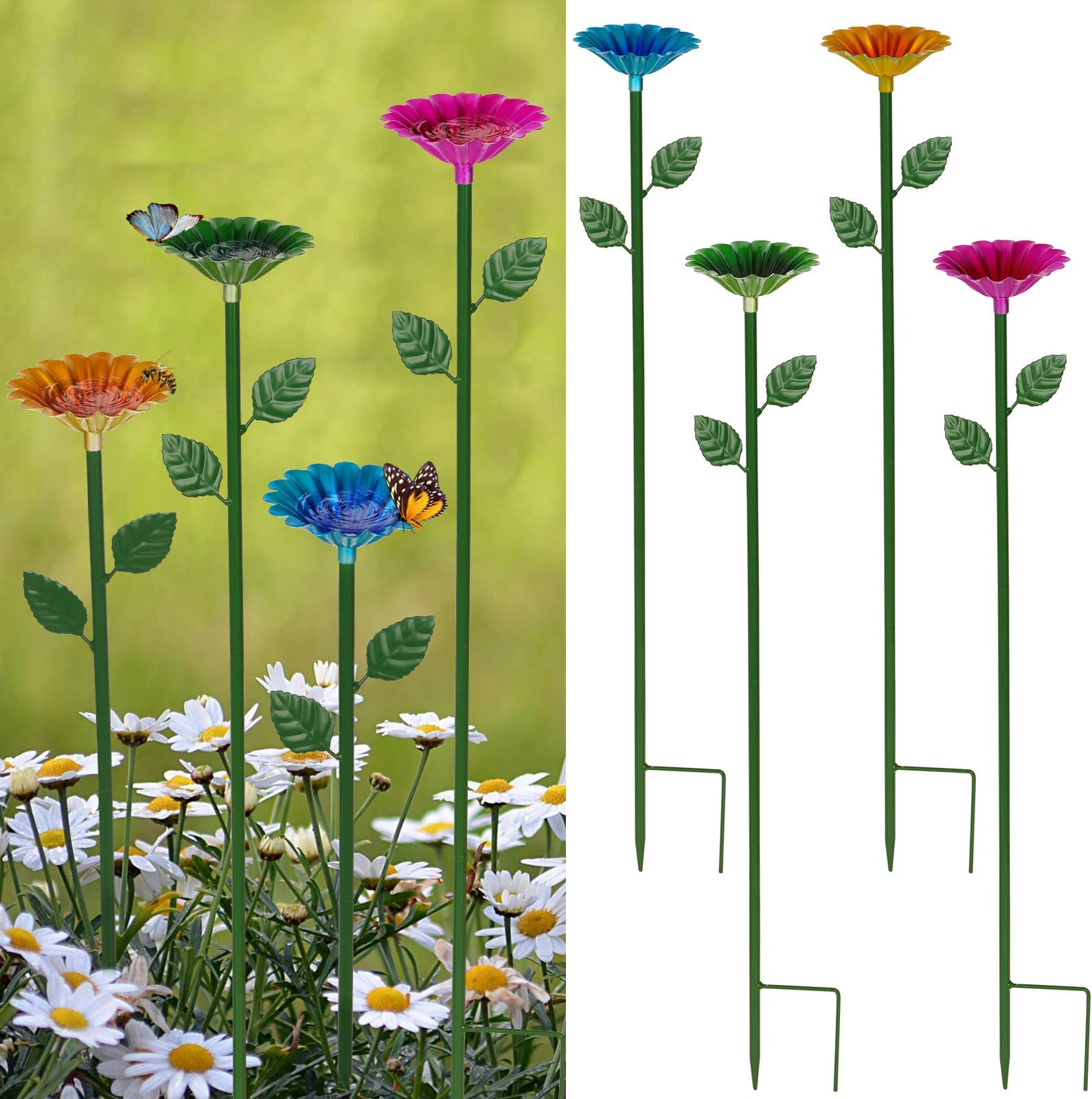 4 Pack Bee Watering Station, Bee Bath for Garden Metal Bee Water Feeder with Flower Design, Colorful Butterfly Bee Bath Bowl for Outdoor Garden Yard Decor (Red,Green,Blue,Yellow)
