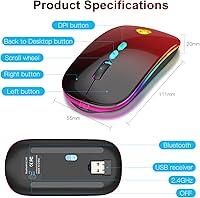 Vista 8 de CC Store Mouse inalámbrico LED, mouse Bluetooth y conexión instantánea de 2.4GHz, recargable ultra silencioso y delgado, 3 niveles de DPI, 2 modos