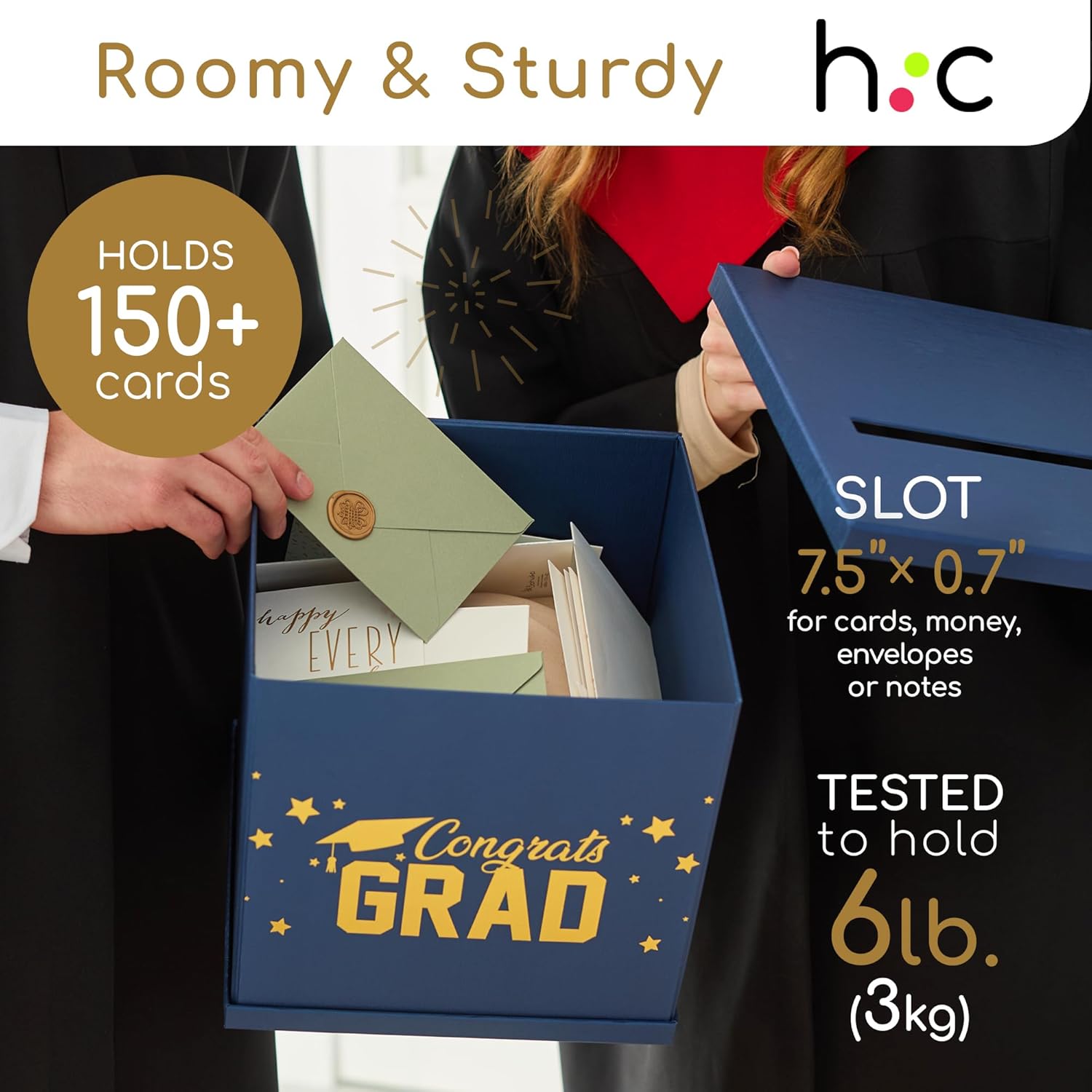 Blue & Gold Graduation Card Box, Large 10x10 Navy Blue Congrats Grad Gift Card Box Holder, Grad Party Favors, Envelope Money Basket, College Graduation Decorations 2026, Party Decor, Table Centerpiece