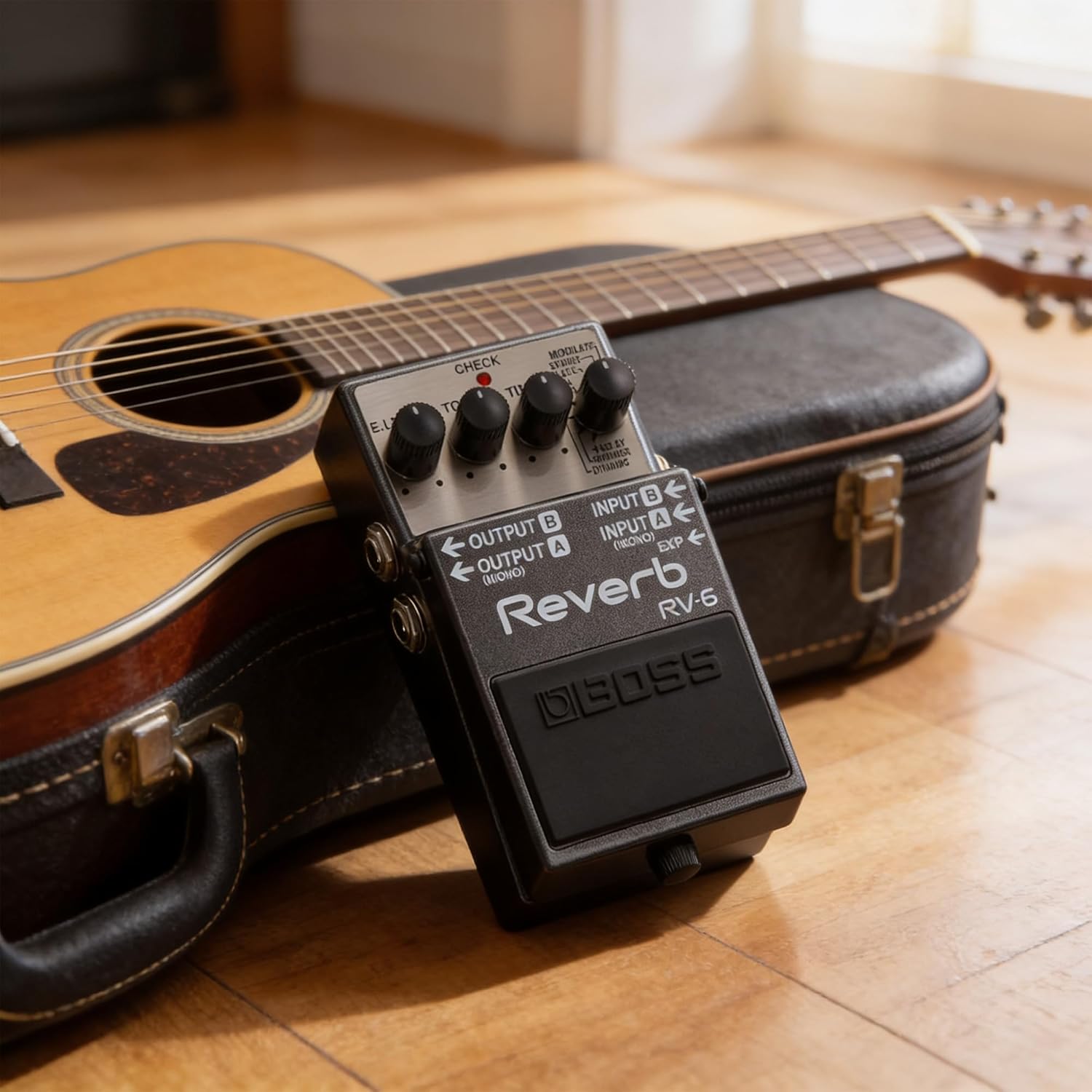 Boss RV-6 Reverb Bundle with Gearlux Instrument Cable, Patch Cable, Picks, and Austin Bazaar Polishing Cloth