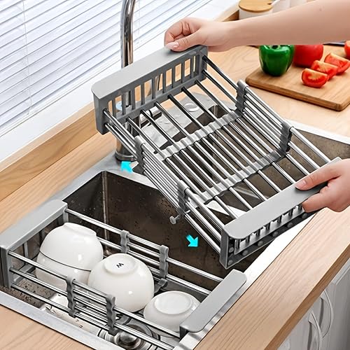 KAMASS 1pc Drain Rack Stainless Steel Kitchen Basket Home Dish Rack Retractable Sink Shelf 8811122-18537in Suitable for Rectangular Sink