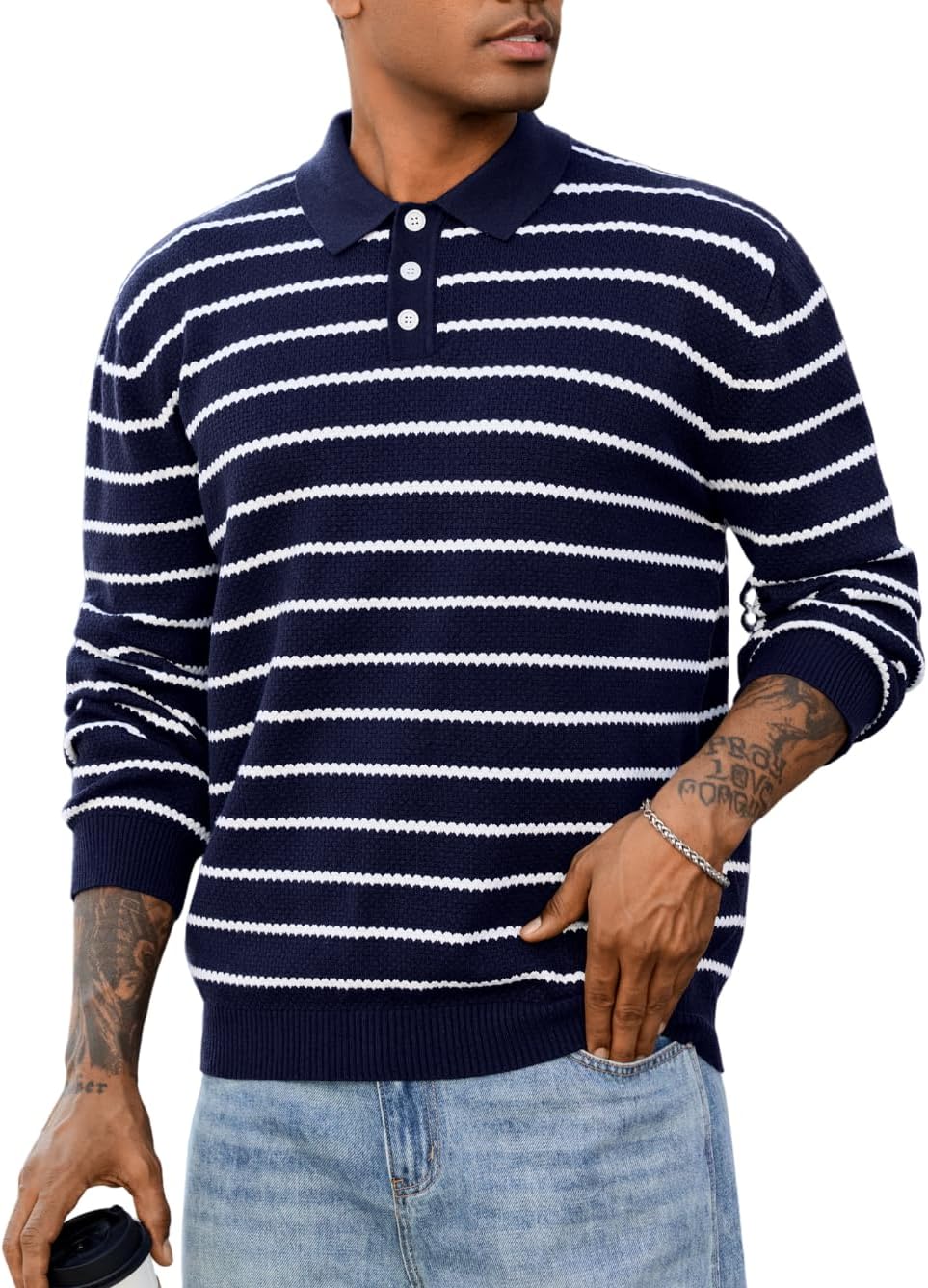 ChiaoLezhee Striped Polo-Sweater for Men, Fall Fashion Clothes, Long-Sleeve Crochet Mens Pullover-Sweaters Color Block Winter