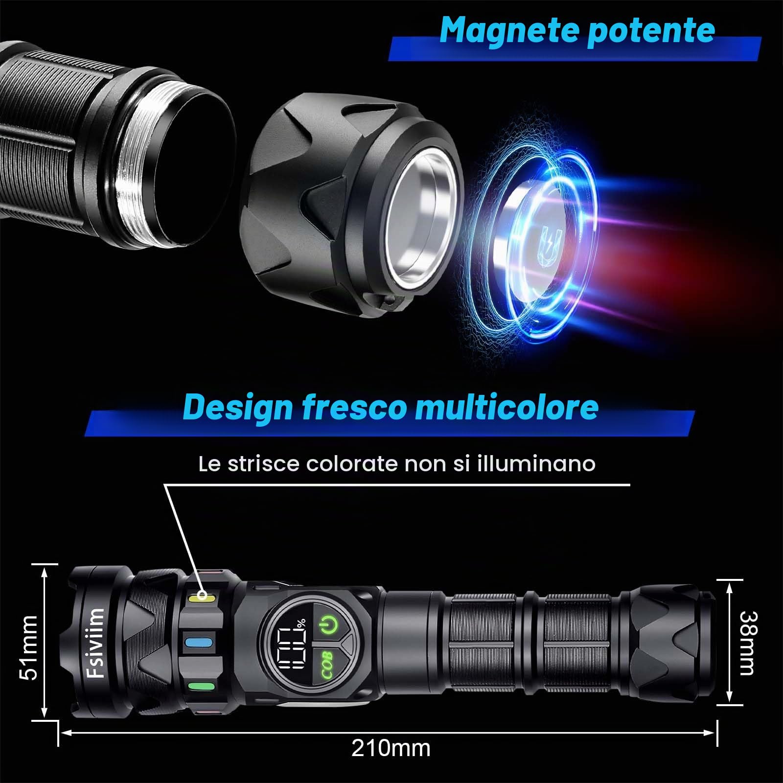 7000 mAh Batteria, Torcia LED Potente Professionale, 1000000 Lumen Torcia Led Ricaricabile Potente, Torcia Ricaricabile, zoomabile, 9 modalità, Per Campeggio Trekking Emergenza