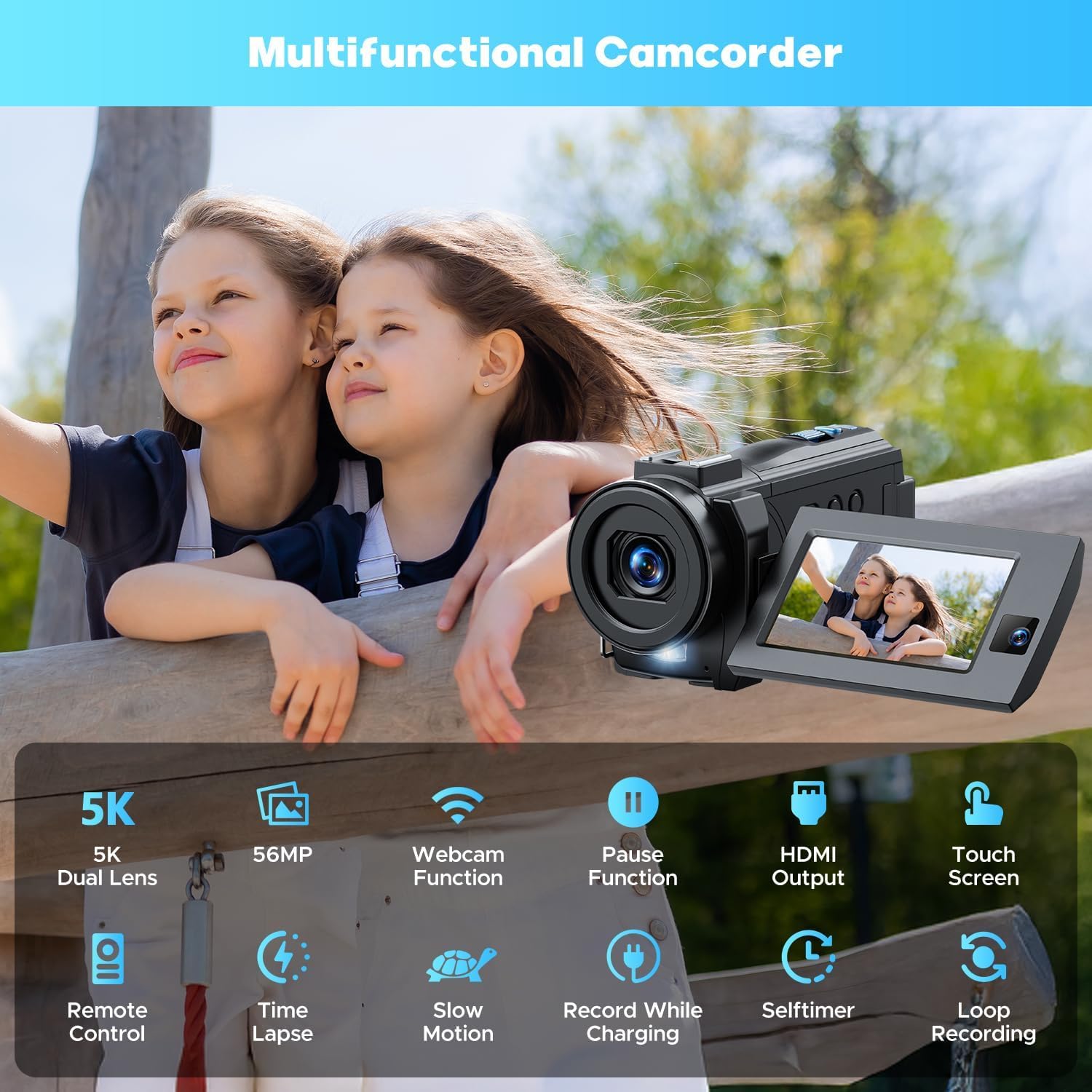 Videocamera 5K Camcorder 56MP WiFi IR Night Vision Vlogging Camera per YouTube Doppio Obiettivo 16X 3.0 Touchscreen Video Camera con 2 Batterie,Scheda 64G,Paraluce,Microfono